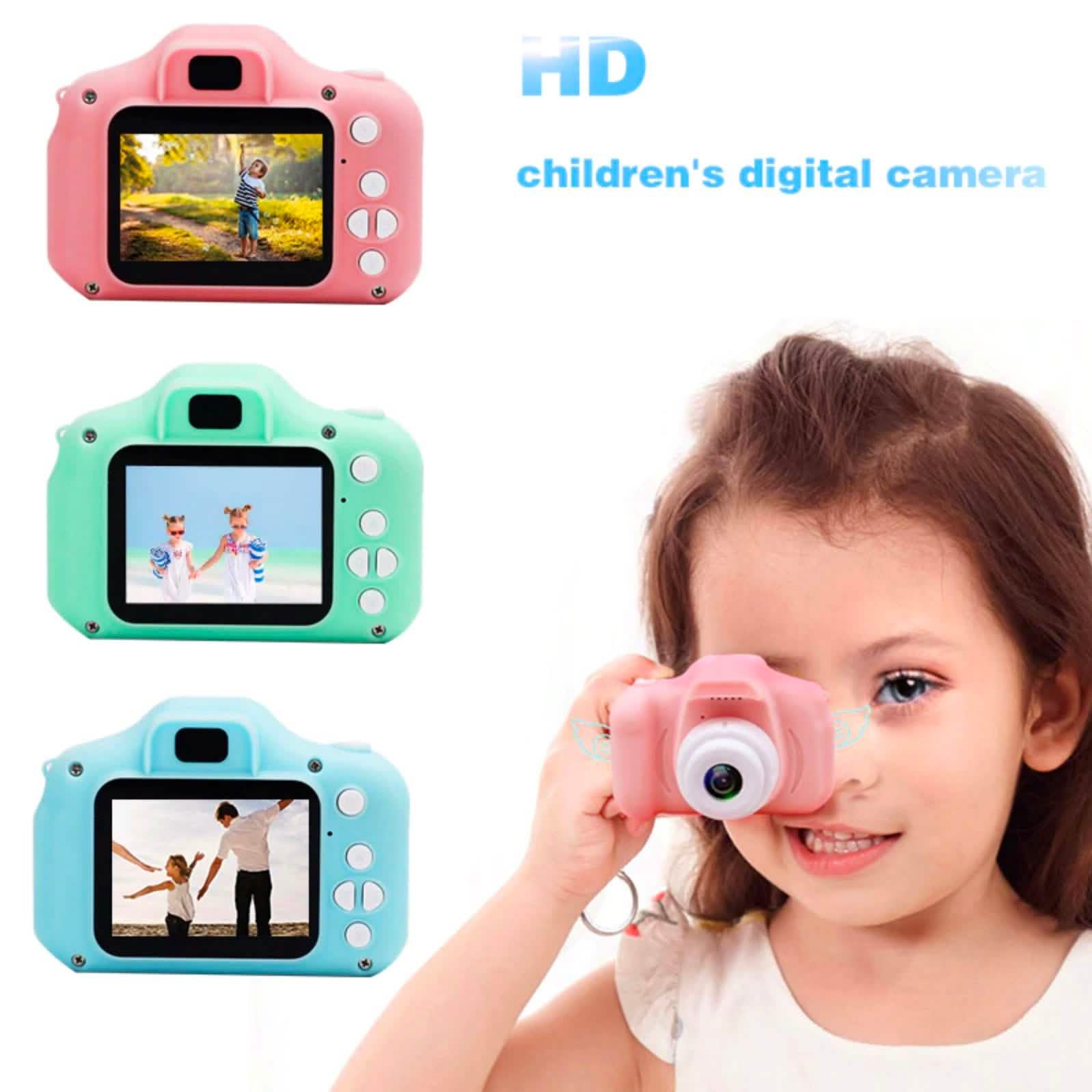 Pink children's digital camera with LCD screen and side buttons (also green and blue models)