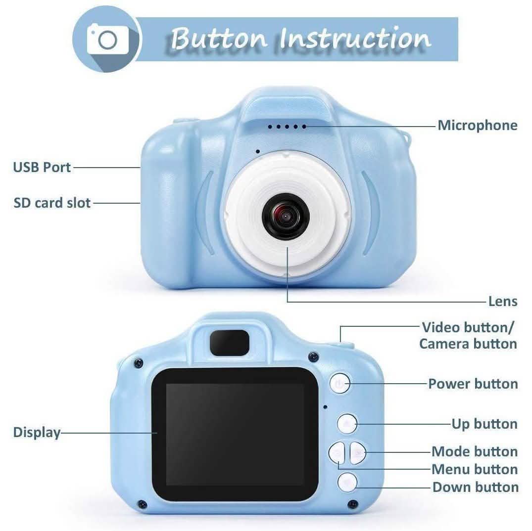 Blue mini digital camera front view with lens, USB port, and button controls