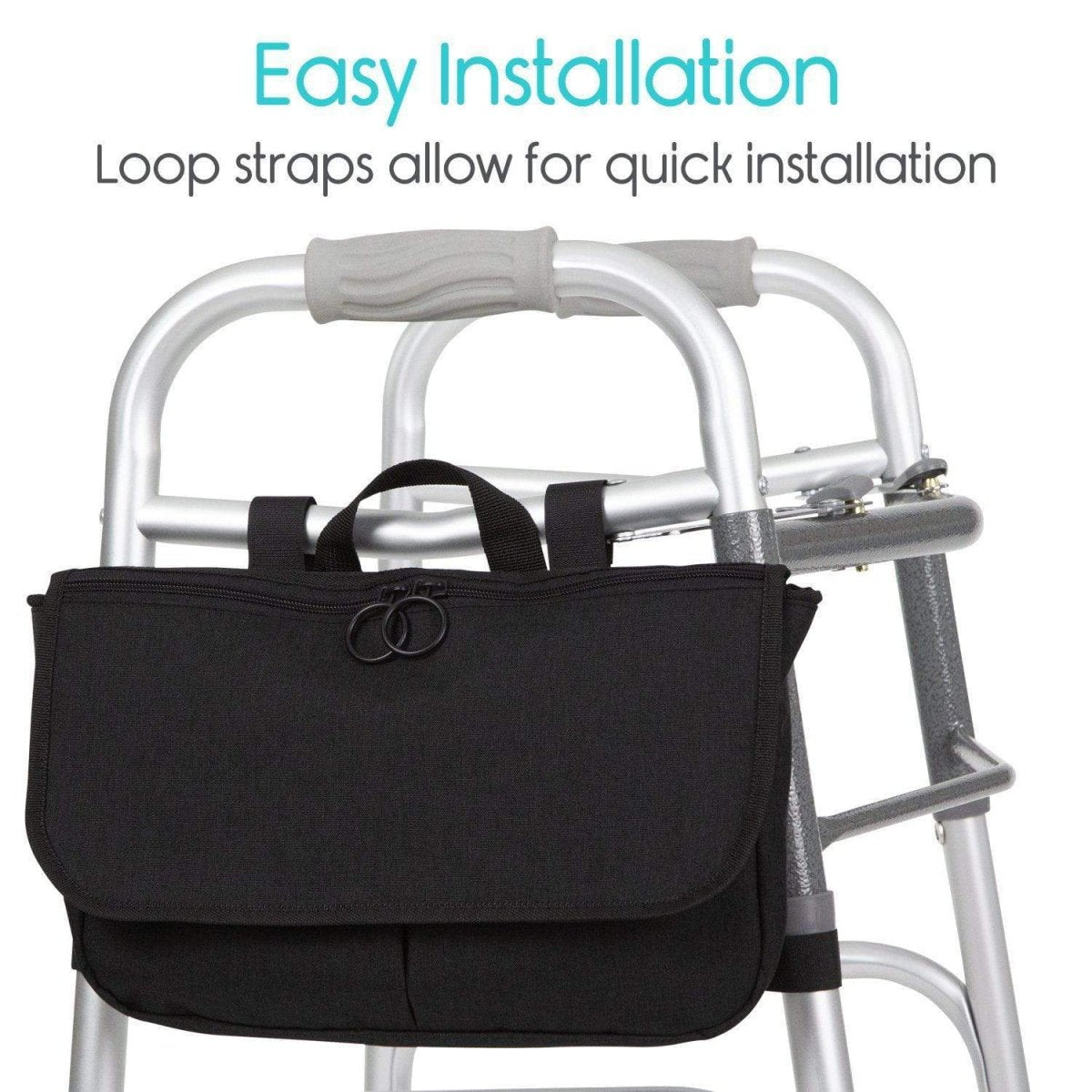 Black mobility side bag with loop straps attached to a walker-style frame