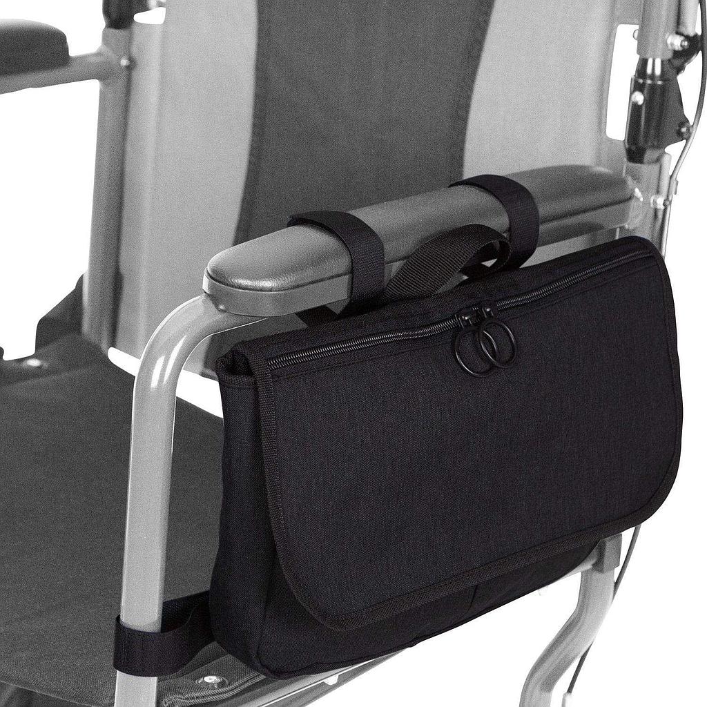 Black mobility side bag with front zippered pocket and carry handle strap detail