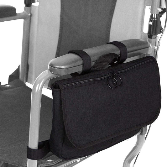 Black mobility side bag with front zippered pocket and carry handle strap detail