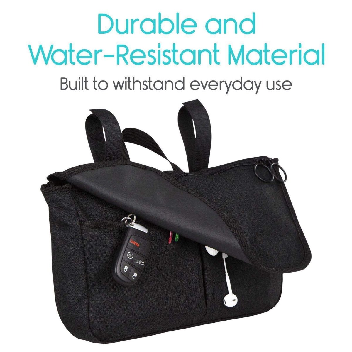 Black mobility side bag with two straps and zipper; small key/holder pouch visible