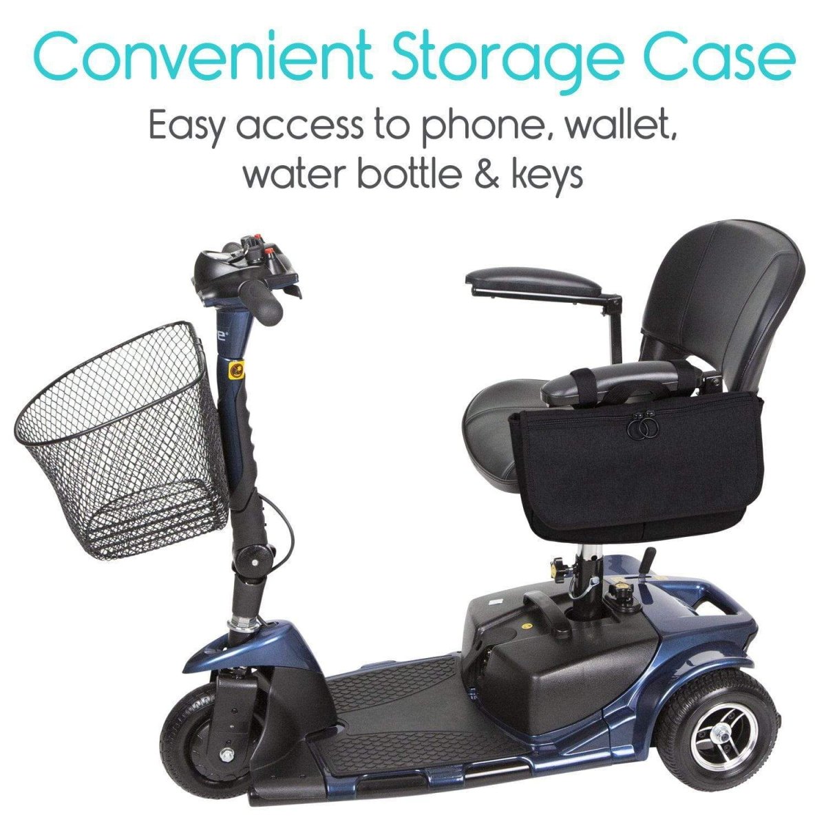 Black mobility side bag mounted on mobility scooter, front zip pocket visible