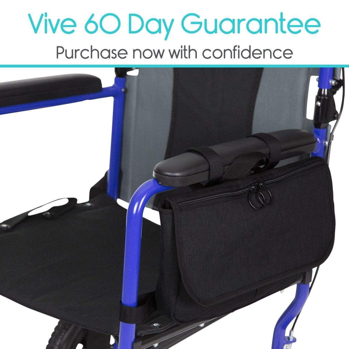 Black mobility side bag on scooter armrest with front zip pocket and ring pull tab