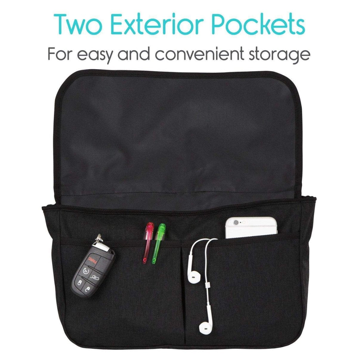 Black mobility side bag interior with two exterior pockets and phone-sized divider