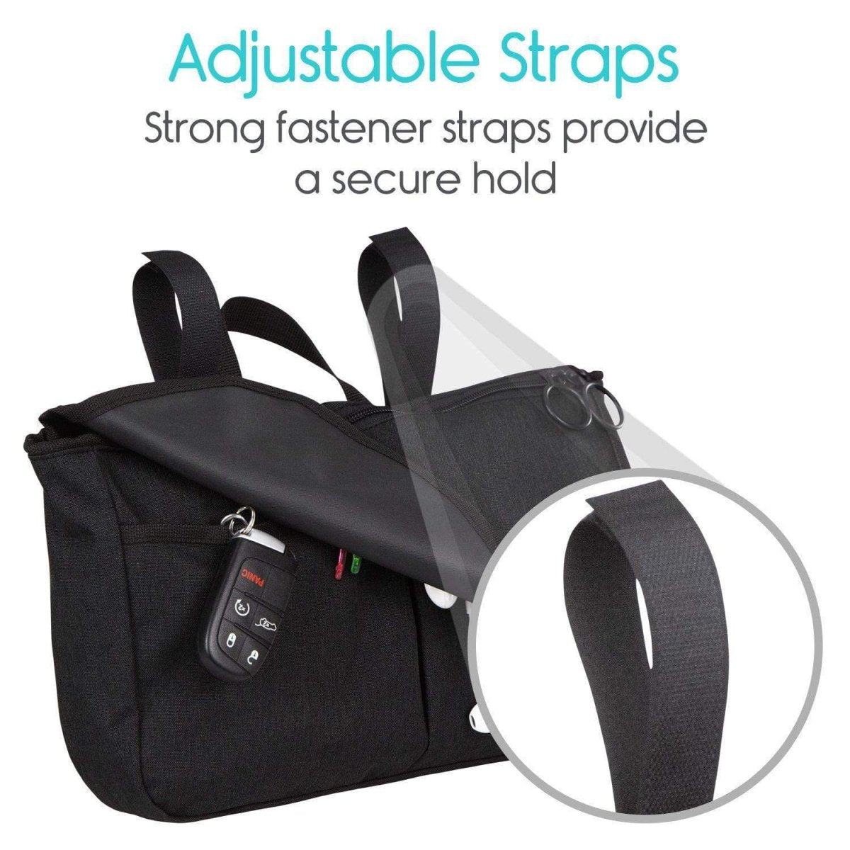 Black mobility side bag with adjustable strap loops and front zip pocket
