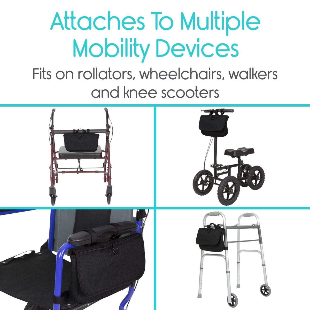 Black mobility side bag attached to mobility devices with front zippered opening
