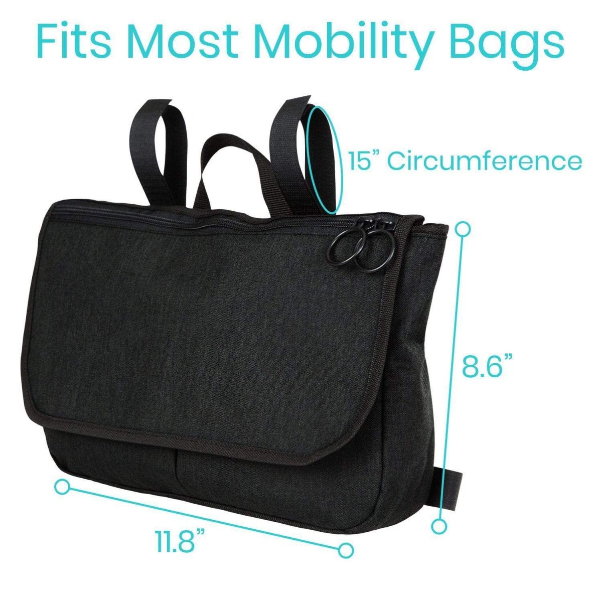 Black mobility side bag front view with top carry handles and ring detail