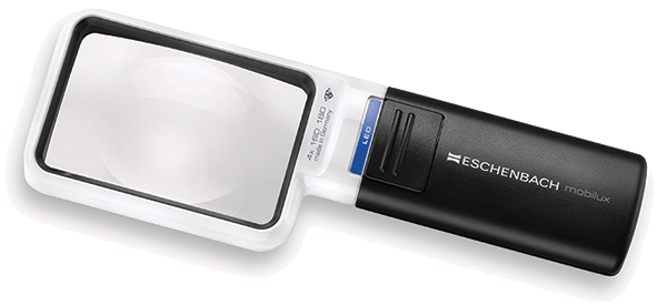 Handheld magnifier with large lens, side control slider, white and black body