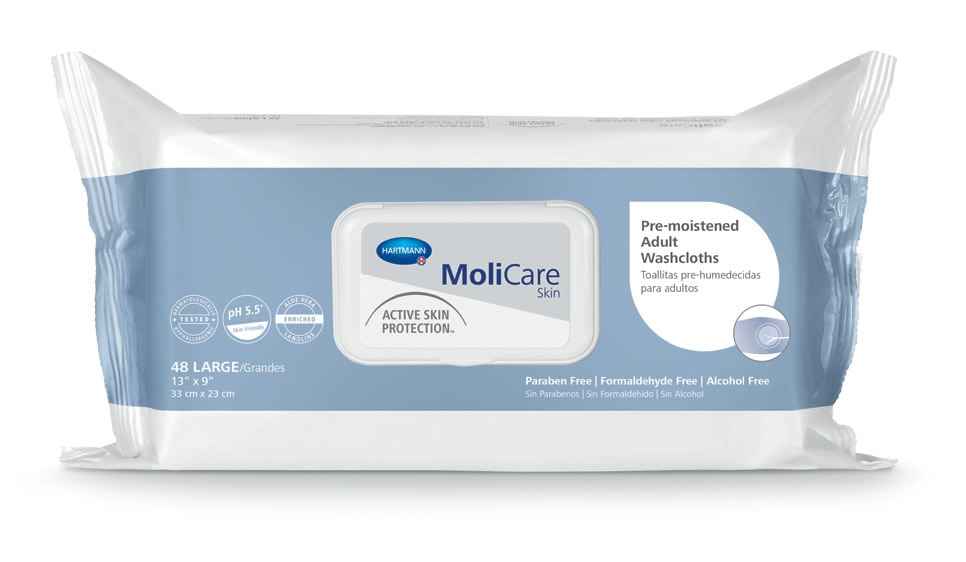 Molicare pre-moistened adult washcloths, pack of 48; resealable wipe pack