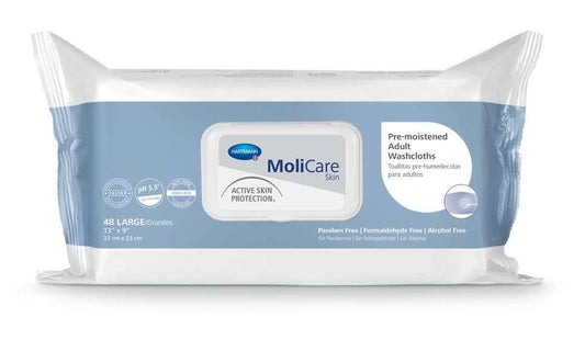 Molicare pre-moistened adult washcloths, pack of 48; resealable wipe pack