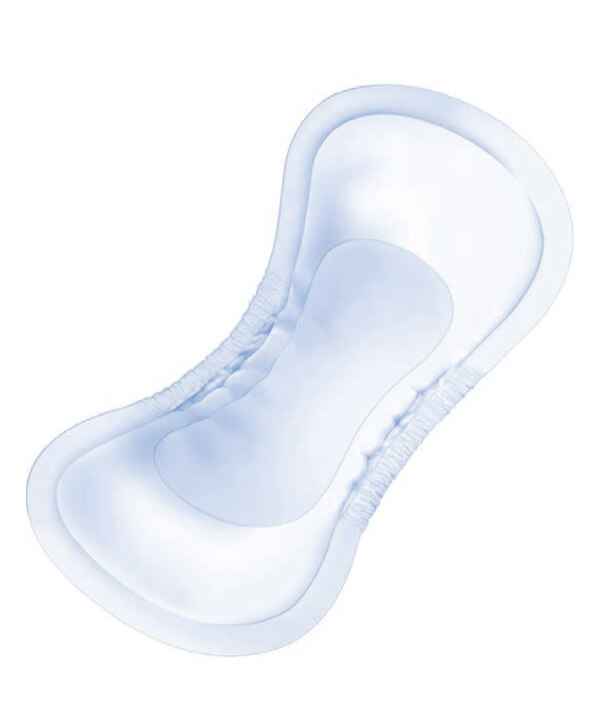 Light blue disposable lady day pad with contoured shape and absorbent core