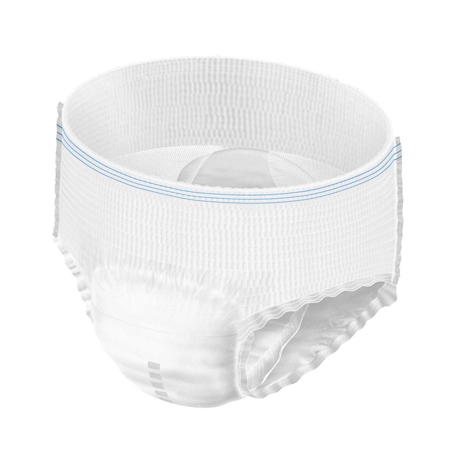 White pull-up underwear with cloth-like outer, elastic waistband, disposable brief