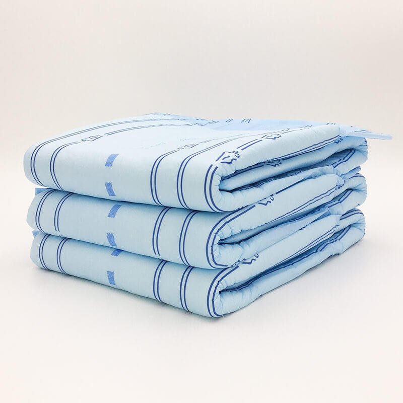 Folded adult maxi slip diapers, stacked, blue-and-white striped pattern