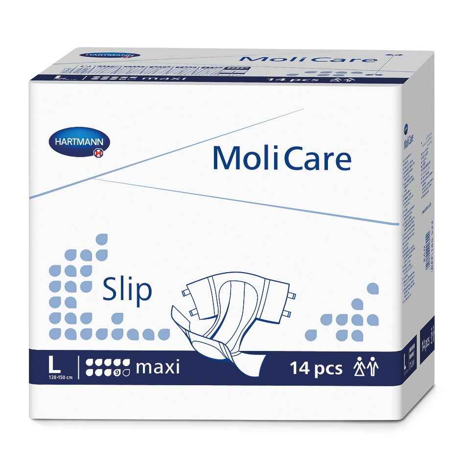 MoliCare maxi adult slip diapers box, 14 pack, blue and white design