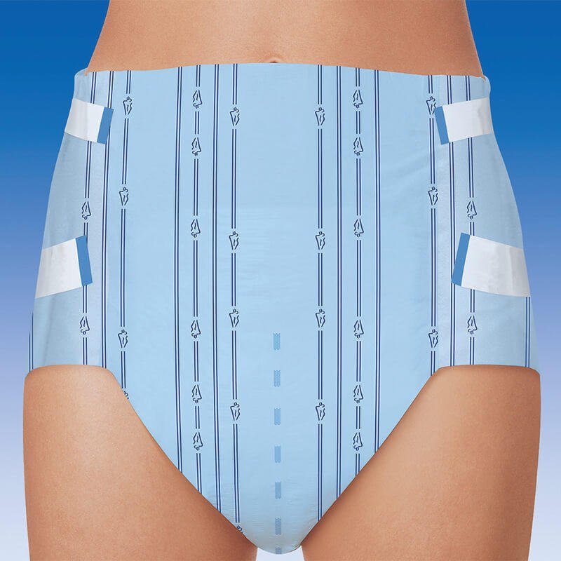 Adult slip diaper on body, blue-and-white striped back, side fastening tabs