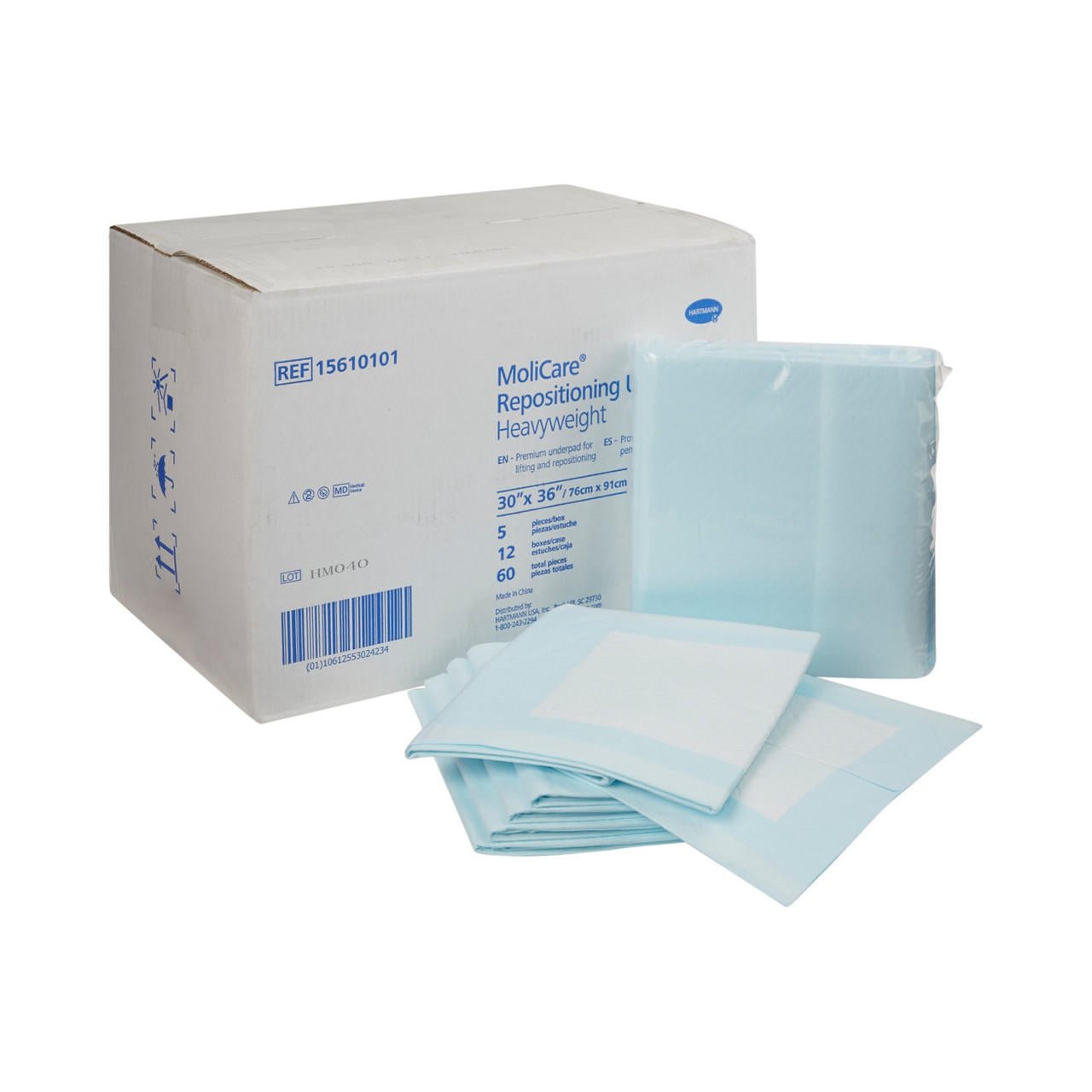 MoliCare repositioning underpad box with folded blue pads, 30" x 36" size