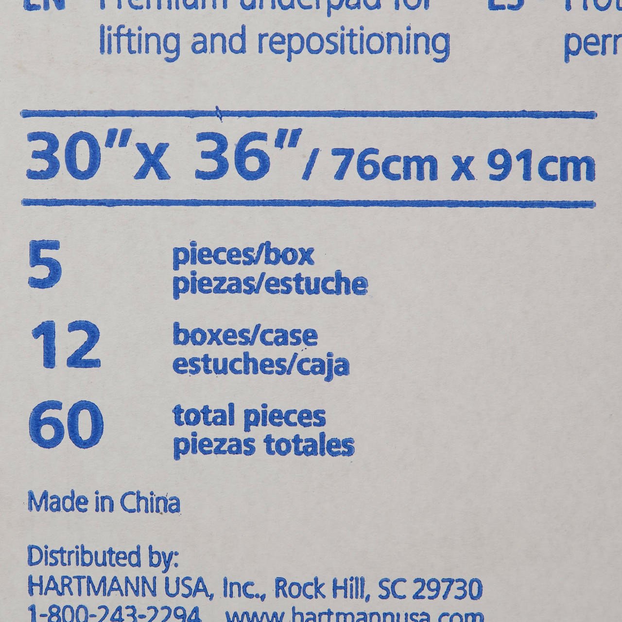 Label closeup: 30" x 36" (76cm x 91cm), 5 pieces/box, 60 total pieces