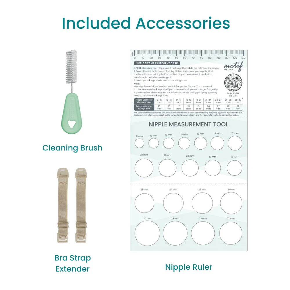 Included accessories for wearable breast pump: cleaning brush, bra strap extenders, nipple ruler
