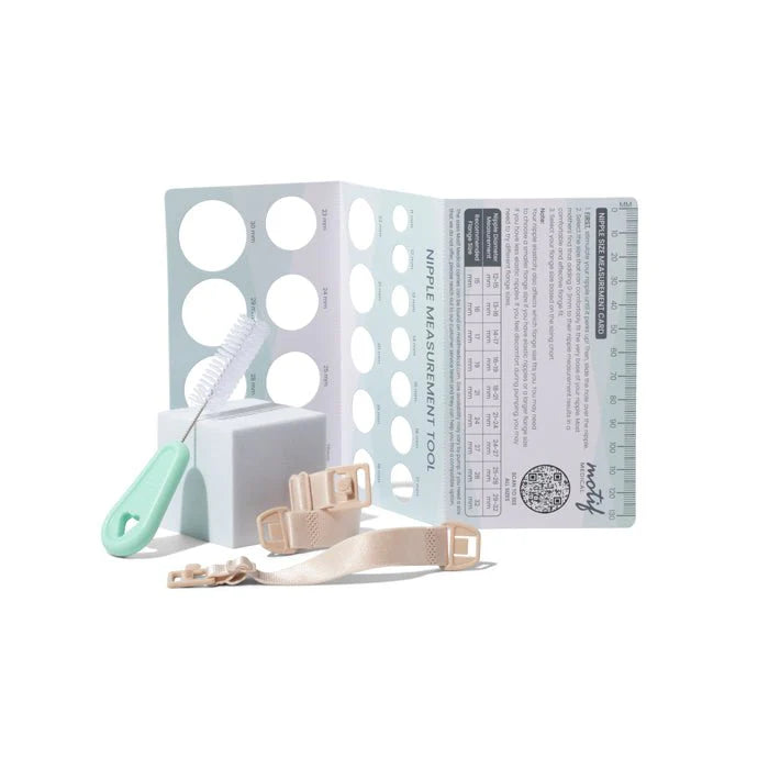 Wearable breast pump accessories with nipple measurement tool, clips, and cleaning brush