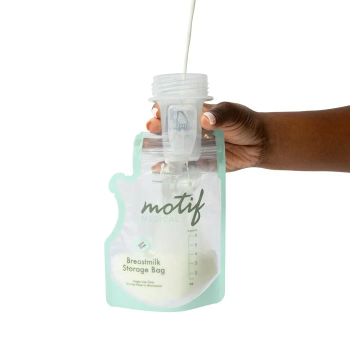 Breastmilk storage bag with pour spout opening, filled and ready to store