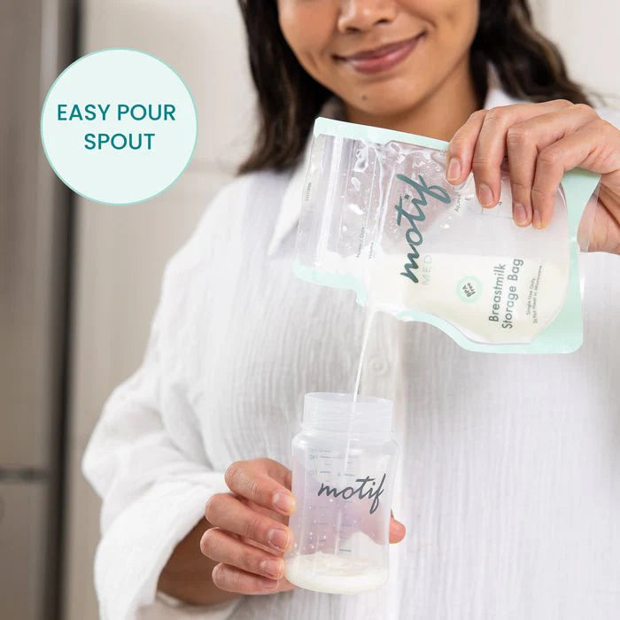 Breastmilk storage bag with easy pour spout and measurement lines
