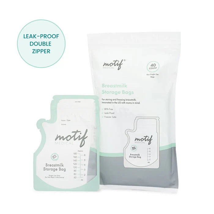 Motif breastmilk storage bags, 40 count, leak-proof double zipper, BPA-free