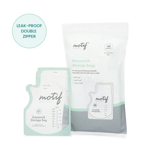 Motif breastmilk storage bags, 40 count, leak-proof double zipper, BPA-free