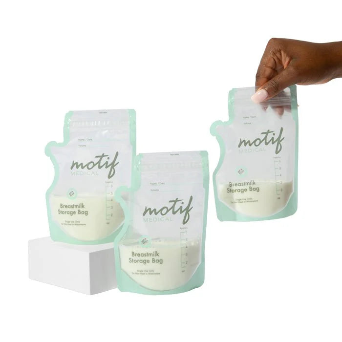 Breastmilk storage bags set in mint pouches with volume measurement scale