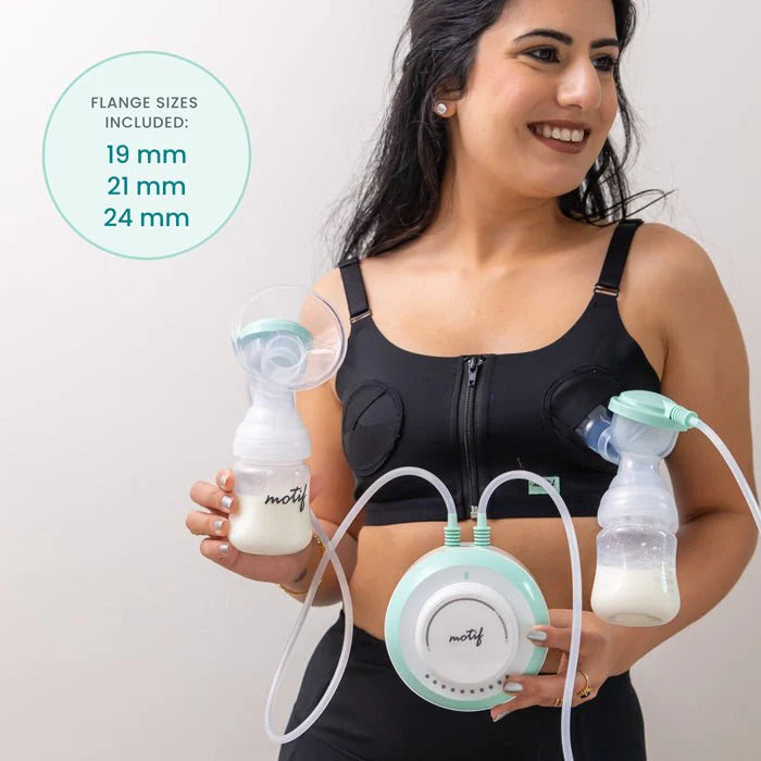 Motif twist double electric breast pump worn with two bottles and tubing