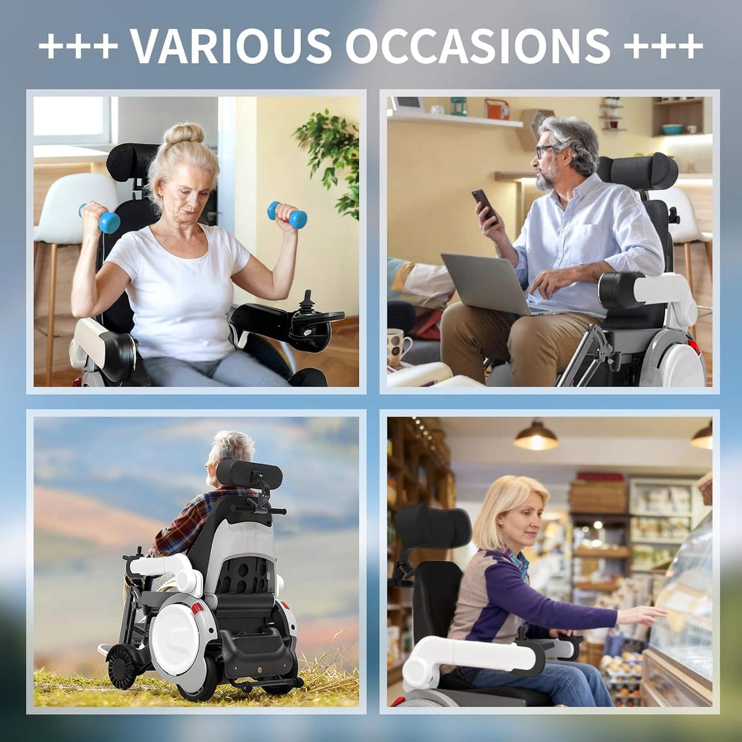 Electric folding wheelchair with headrest and armrests, blue joystick, home-use scene