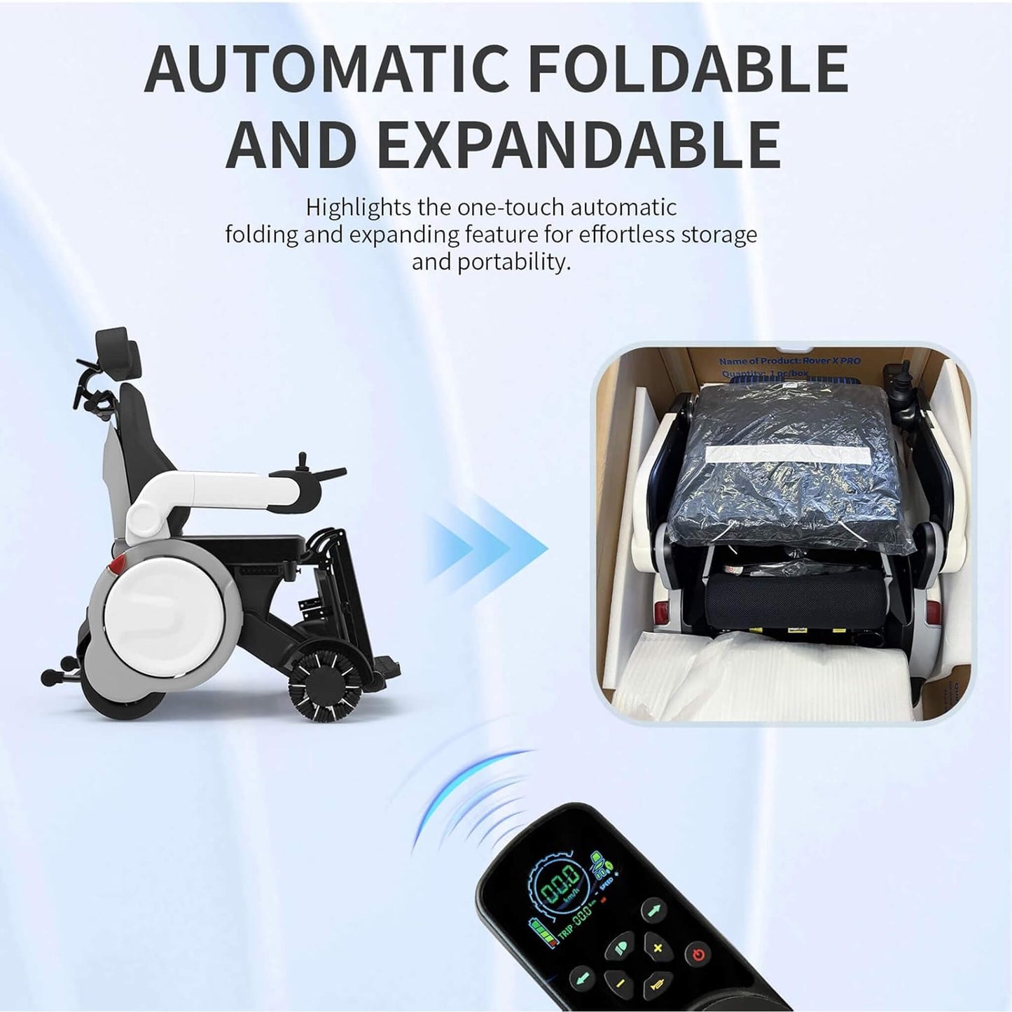 Electric folding wheelchair folded for storage with remote control in foreground