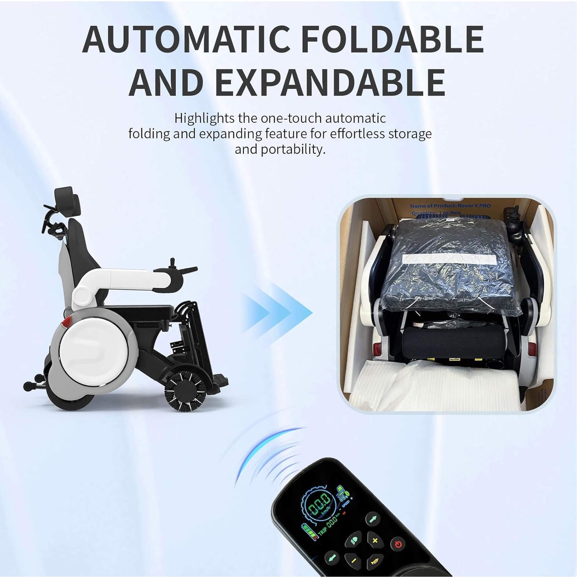 Electric folding wheelchair folded for storage with remote control in foreground