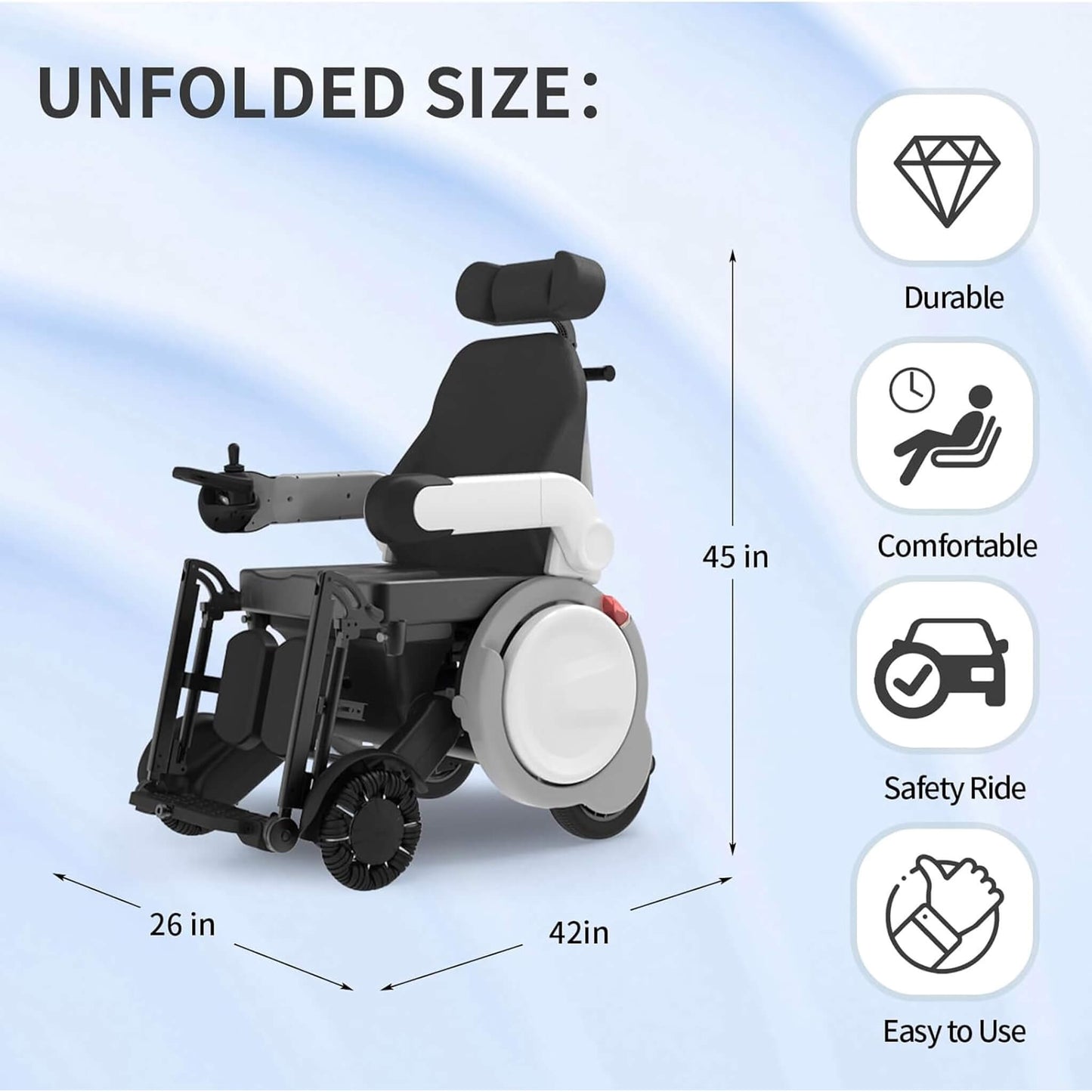 Unfolded size diagram for electric folding wheelchair with height and width measurements