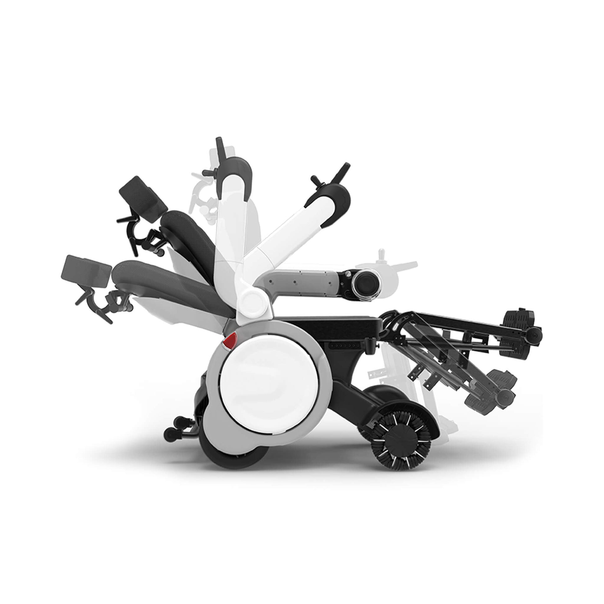 Electric folding wheelchair rear three-quarter view, reclined seat and large anti-tip wheels