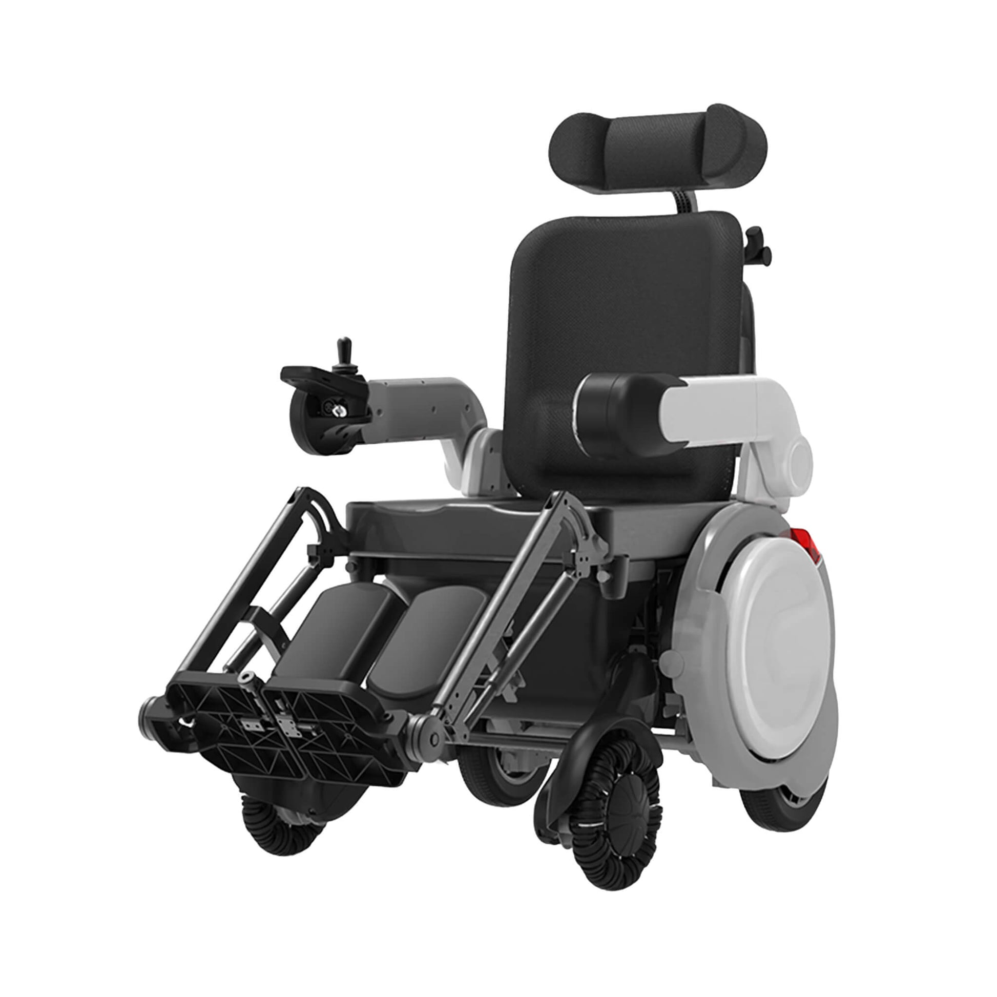 Black electric folding wheelchair with curved armrests, footrests, and large rear wheels