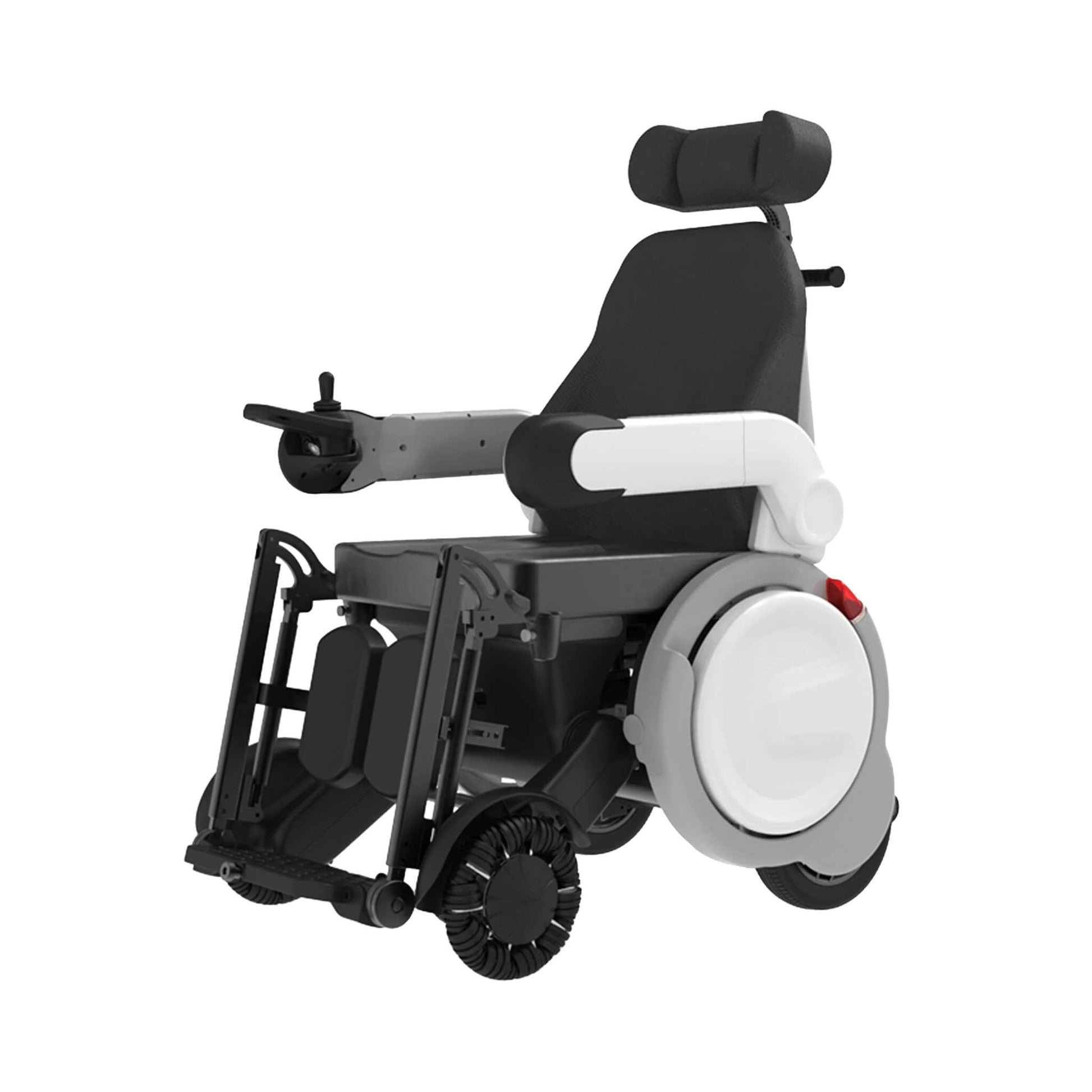Electric folding wheelchair side view, black seat with white footrest and large wheel