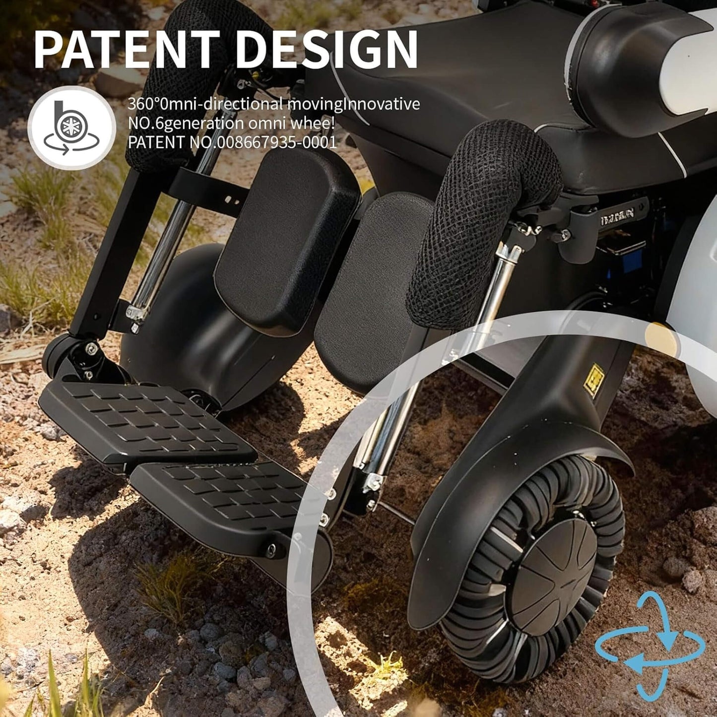 Zero-gravity electric wheelchair close-up with padded seat, reclined back, and footrests