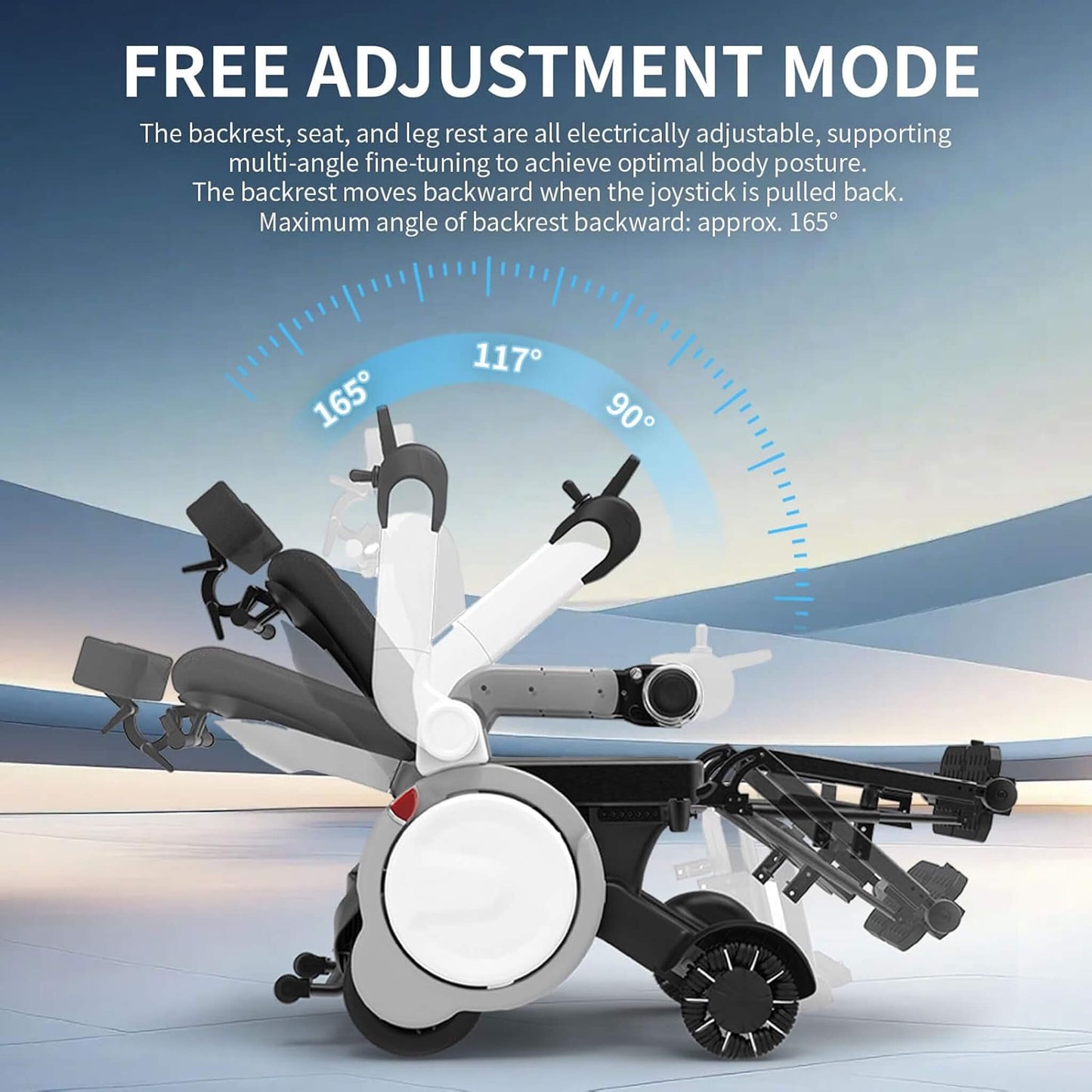 Side view electric wheelchair with adjustable leg rest and back support, laid back