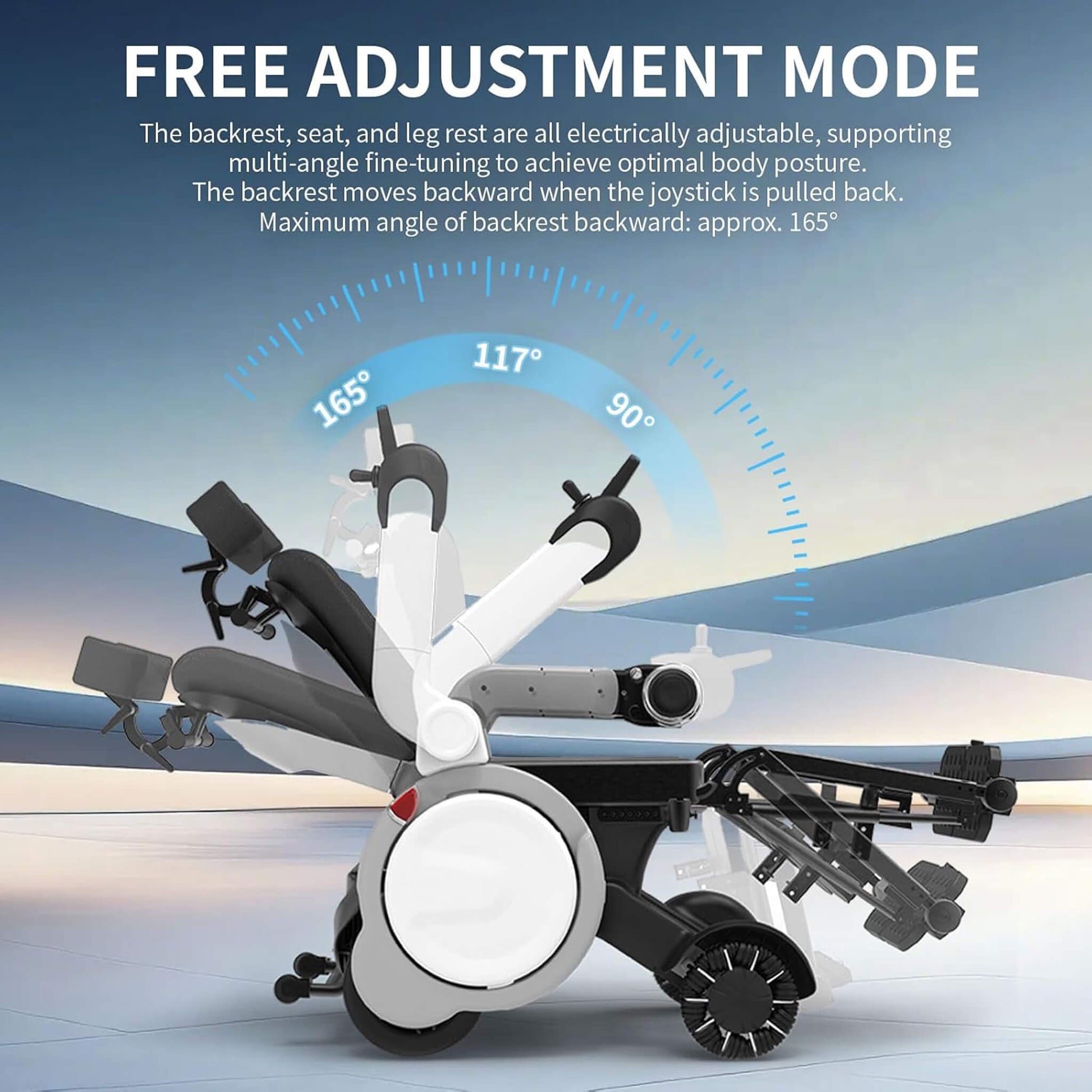 Side view electric wheelchair with adjustable leg rest and back support, laid back