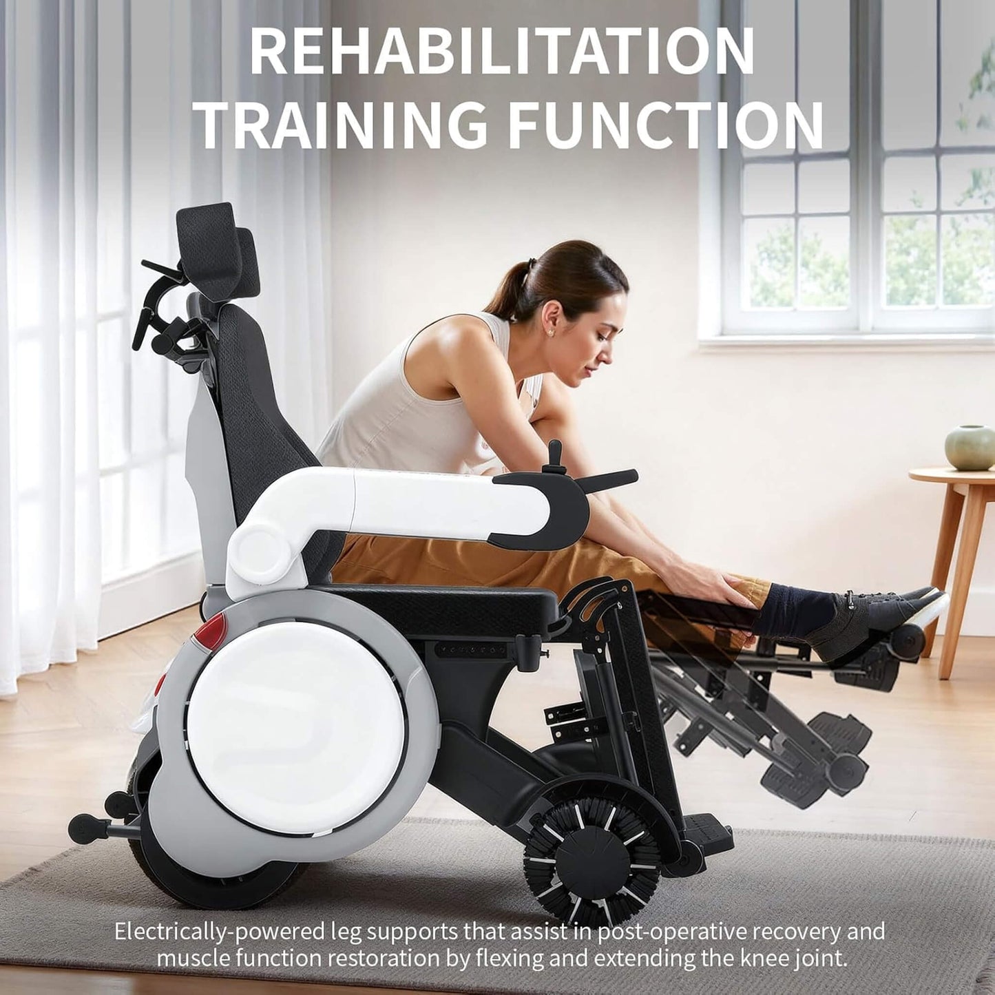 Electric folding wheelchair in reclined position with leg rests extended