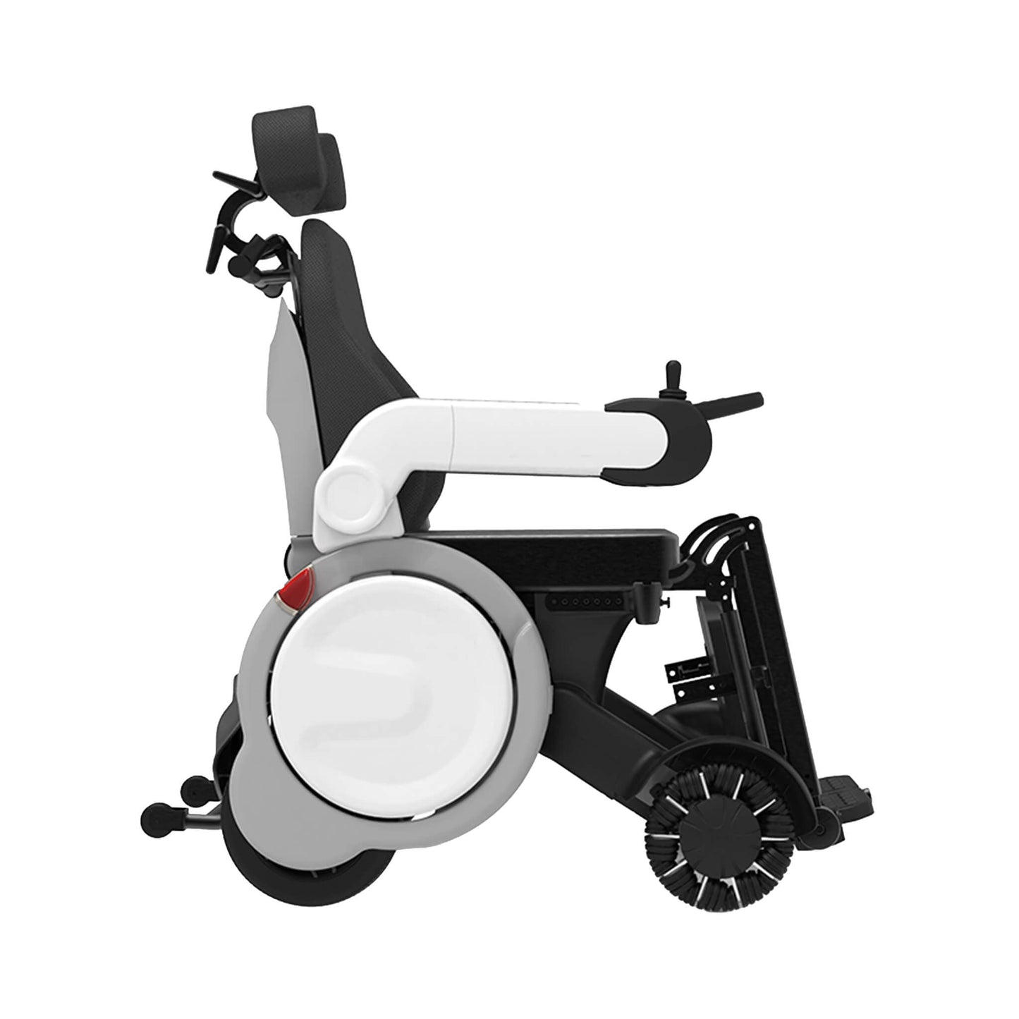 Electric folding wheelchair front-left view with white footrest and black seat