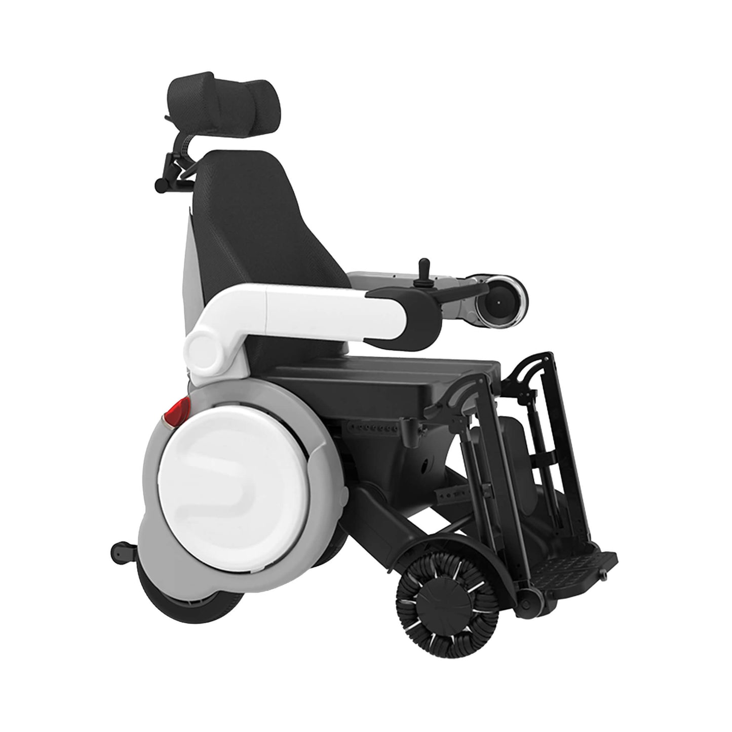 Black and white electric folding wheelchair, side view with reclining back and footrest