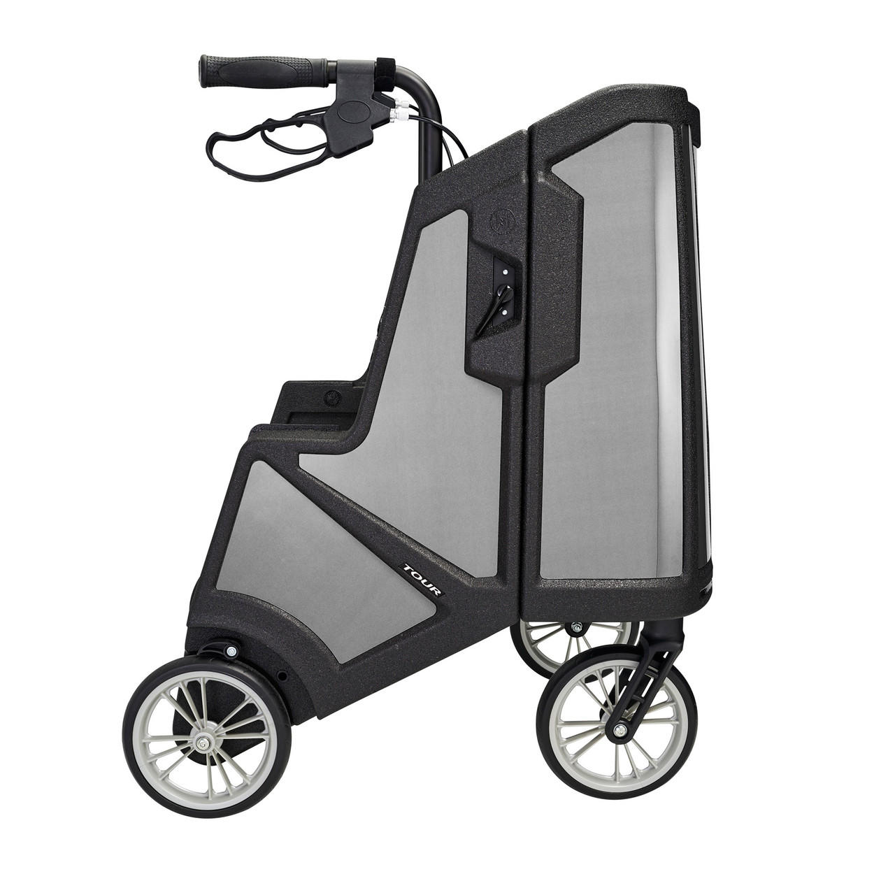 Upright rollator walker with seat and backrest, front handlebars and wheel detail