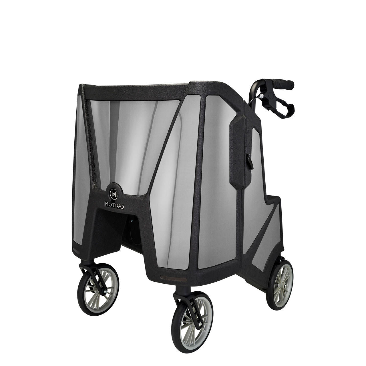 Motivo tour upright rolling walker with seat and backrest, pure silver frame and accents