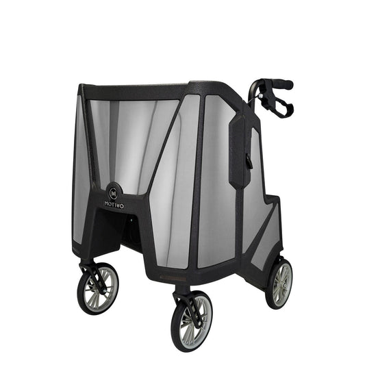 Motivo tour upright rolling walker with seat and backrest, pure silver frame and accents