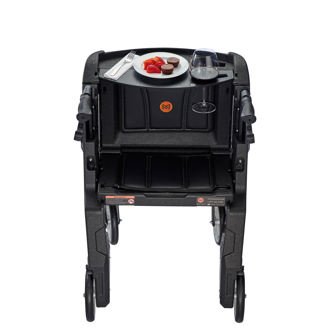 Upright rollator walker seat back with storage compartment and tray area