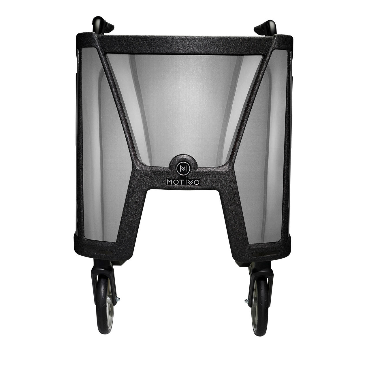 Upright rollator walker with seat and backrest, clear silver panel front view