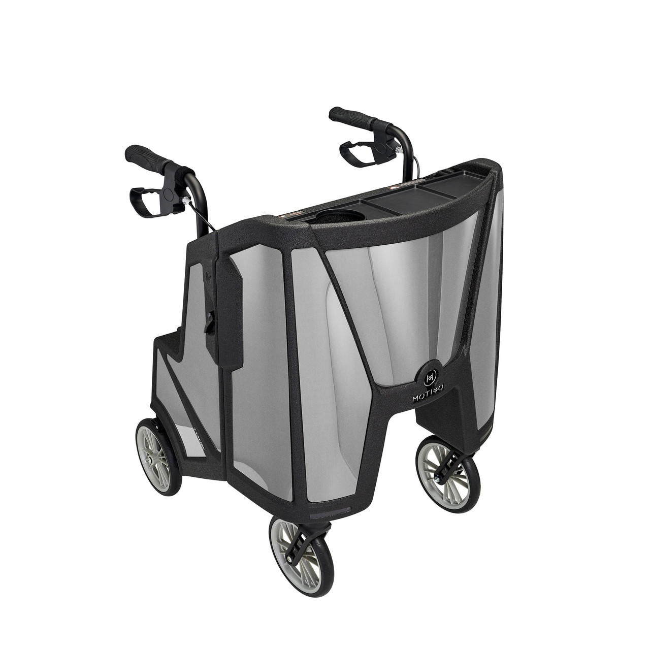 Upright rollator walker with seat and backrest, side view of wheels and frame