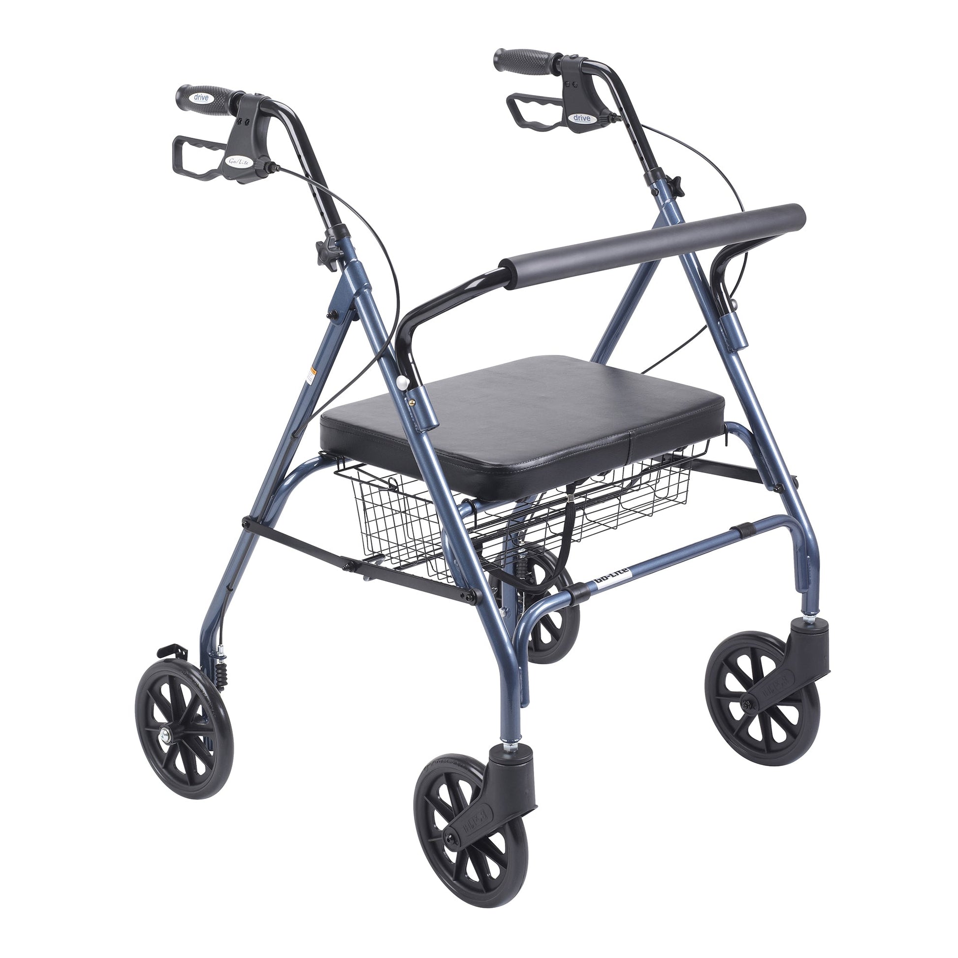 Blue rollator walker with padded seat, dual handles, and wire storage basket